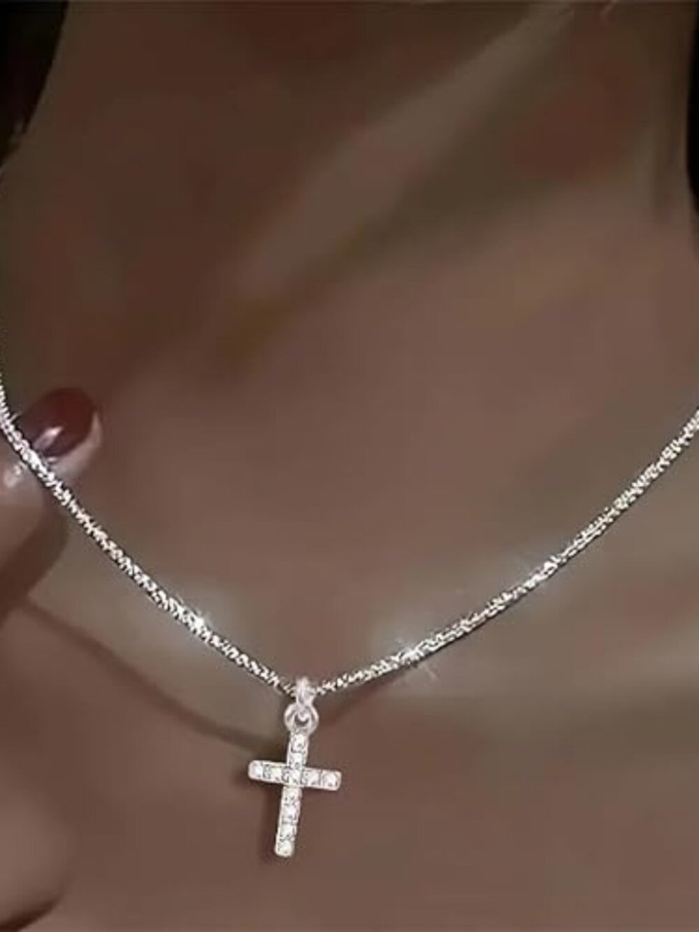 925 Sterling Silver Sparkly Necklace Layered Dainty Chain Necklace Silver Cross